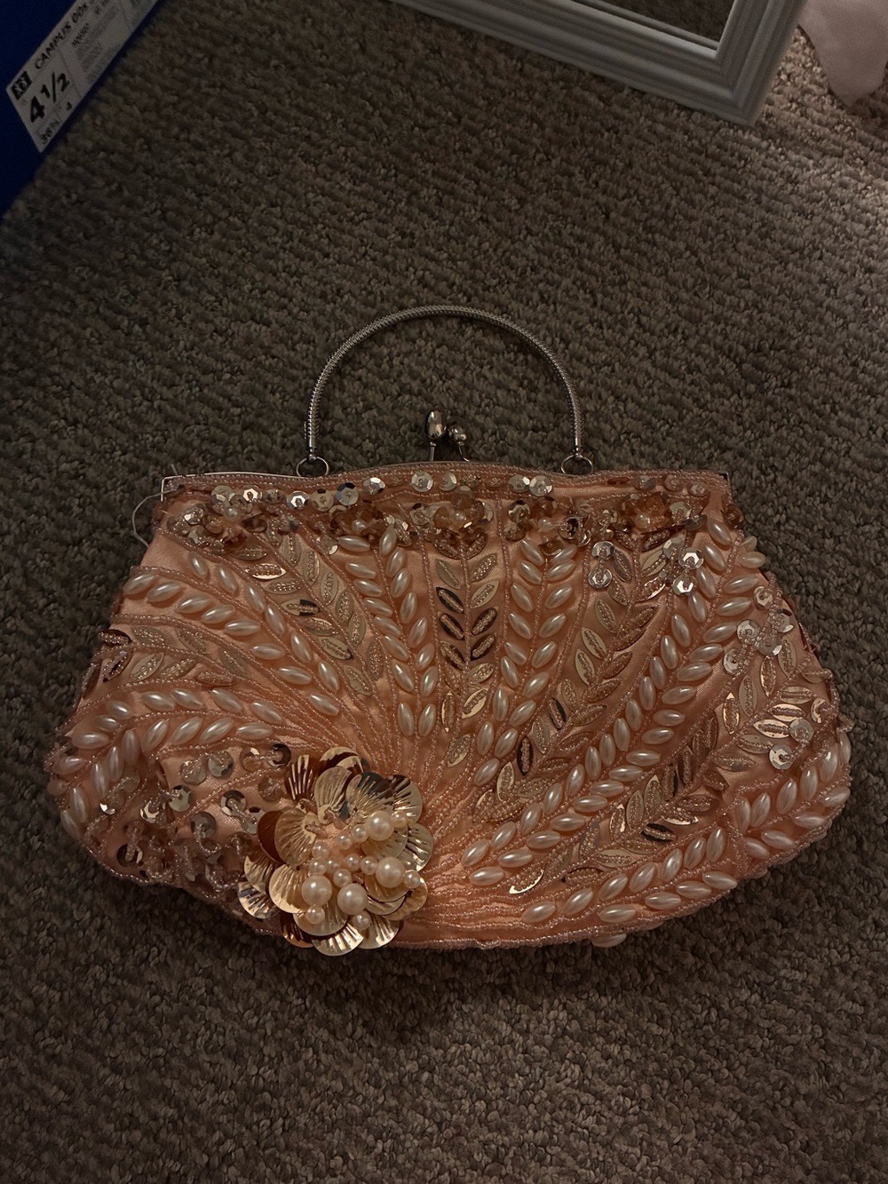 Beaded Peach Evening Clutch with Pearl Floral Accent